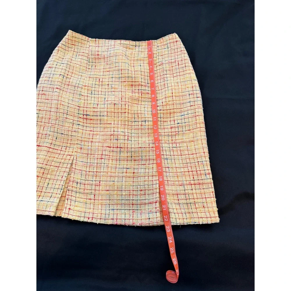 Yellow Plaid Tweed MiniSkirt Sz 10 A-Line Front Pleats Lined Vintage